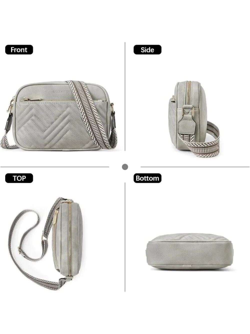 Women's Grey Leather Crossbody Purses Shoulder Handbags with Wide Strap